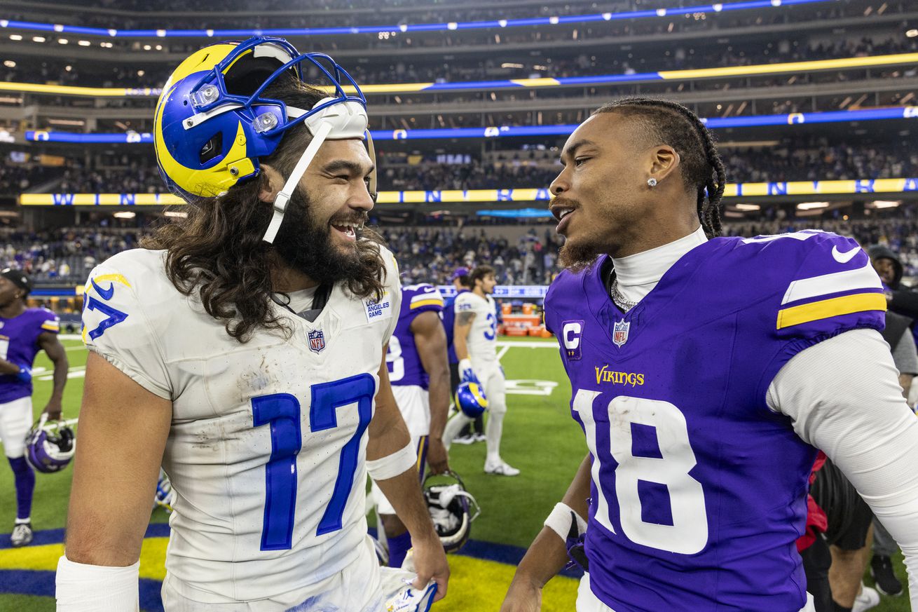 Puka Nacua #17 of the Los Angeles and Justin Jefferson #18 of the Minnesota Vikings share a moment following an NFL Football game at SoFi Stadium on October 24, 2024 in Inglewood, California.