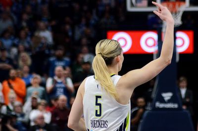 Dallas Wings rookie Paige Bueckers motions to a teammate at the Target Center on Wednesday, May 21, 2025, while playing against the Minnesota Lynx.