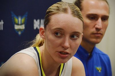 Dallas Wings rookie Paige Bueckers talks to reporters at the Target Center on Wednesday, May 21, 2025, after playing against the Minnesota Lynx.